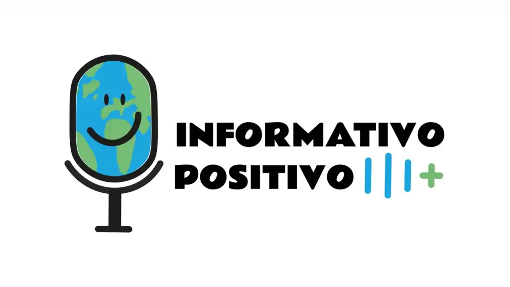 Logotipo de Informativo Positivo: micrófono con mundo sonriente y signos “+”, estilo joven y dinámico.