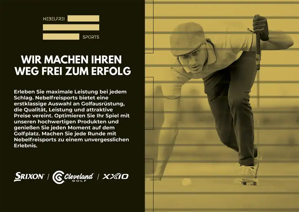 Key Visual Nebelfreisports con overlay amarillo – Golfista en acción junto a bloque de texto negro con tipografía blanca y logos de marca Srixon, Cleveland y XXIO