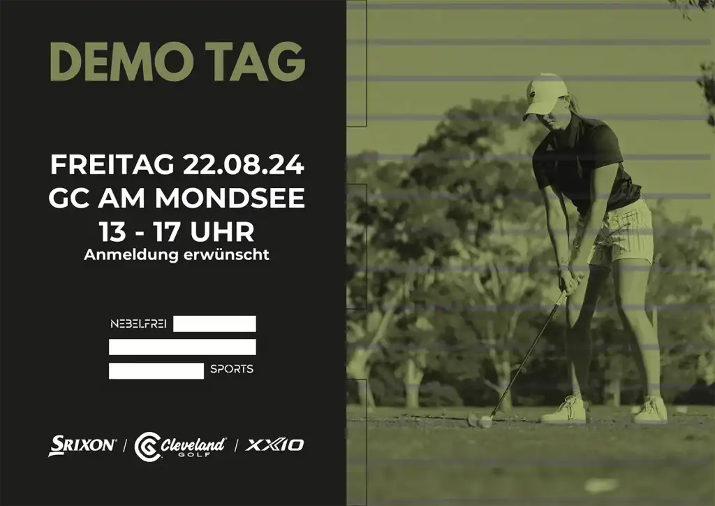 Key Visual Nebelfreisports con overlay amarillo – Golfista en acción junto a bloque de texto negro con tipografía blanca y logos de marca Srixon, Cleveland y XXIO