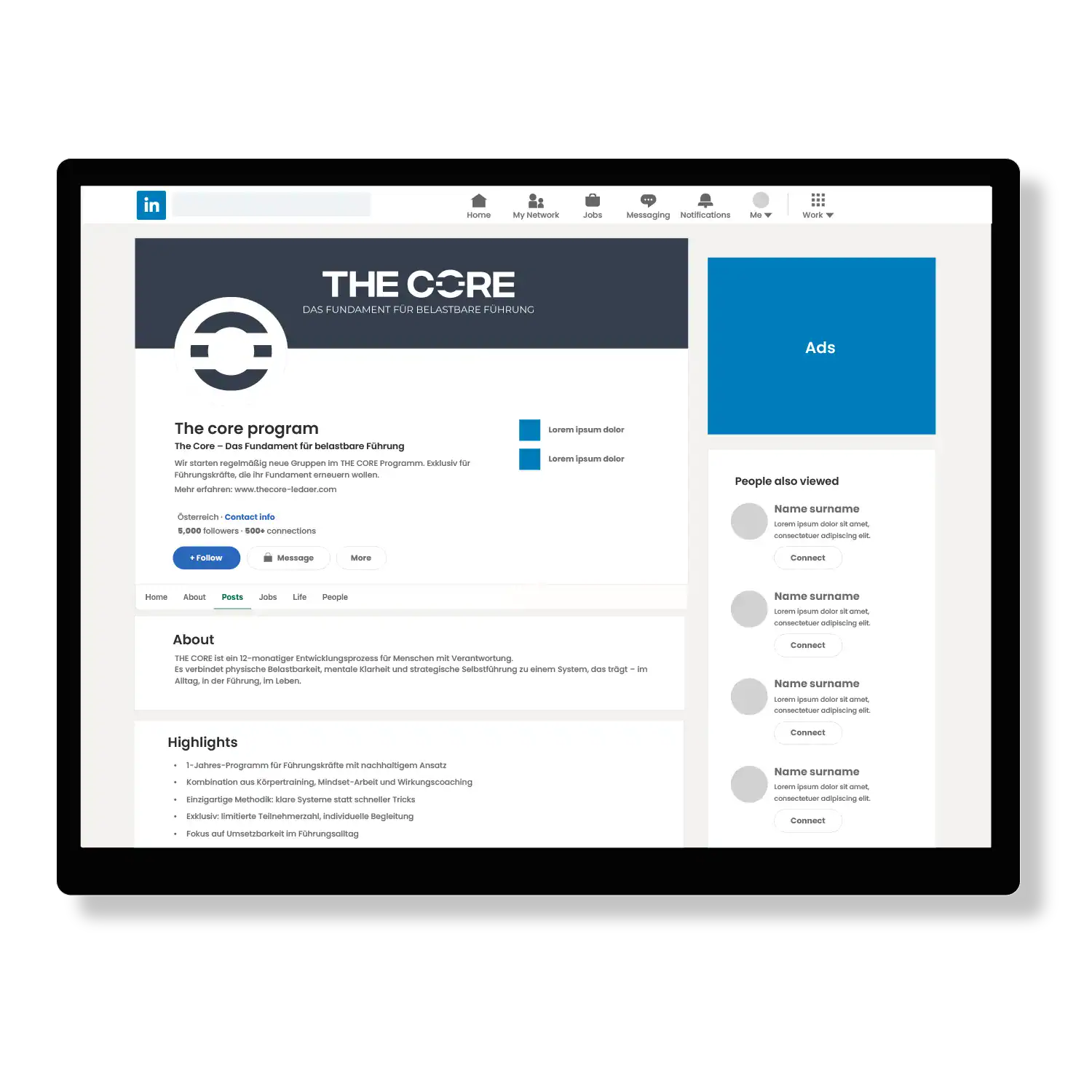Vista del perfil de LinkedIn de THE CORE, mostrando la identidad visual del programa y su posicionamiento en liderazgo y desarrollo directivo.